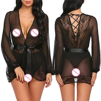 

Women Sexy Lingerie Kimono Bandage Babydoll Sleepwear Short Nightwear Underwear Set Women Chiffon Robes+ Thongs Set S-3XL