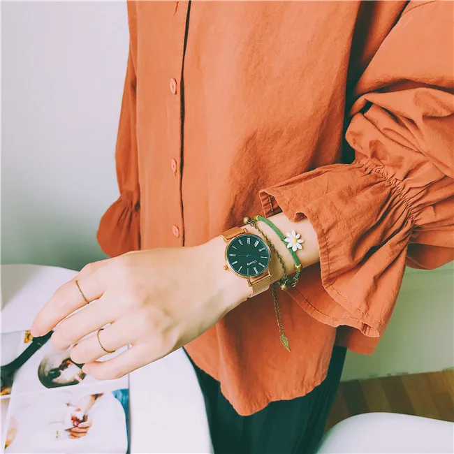 Золотые женские часы Ulzzang, модные роскошные Брендовые женские наручные часы с металлическим сетчатым ремешком, элегантные часы в римском стиле с синими стрелками