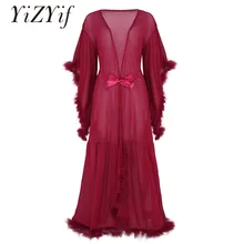 YiZYiF женский сексуальный халат, сетка, прозрачная, с расклешенными рукавами, перо, длинное белье, халат, Пижама, ночная рубашка, платье подружки невесты