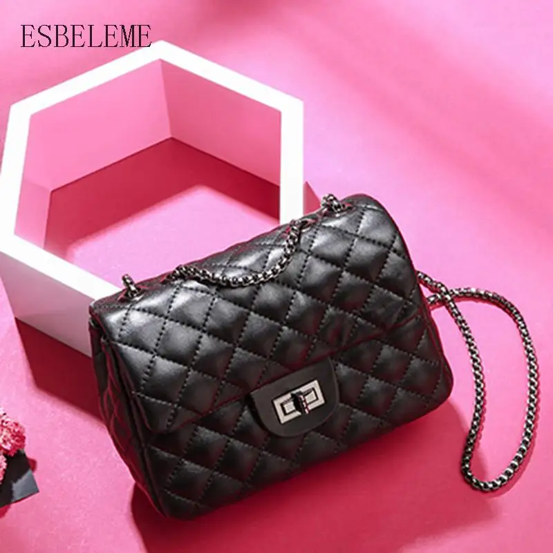 

Sheepskin Vogue Women Metal Chain Single Shoulder Bags for Female Black Diamond Handbags Spring Elegant Lady Crossbody YH134