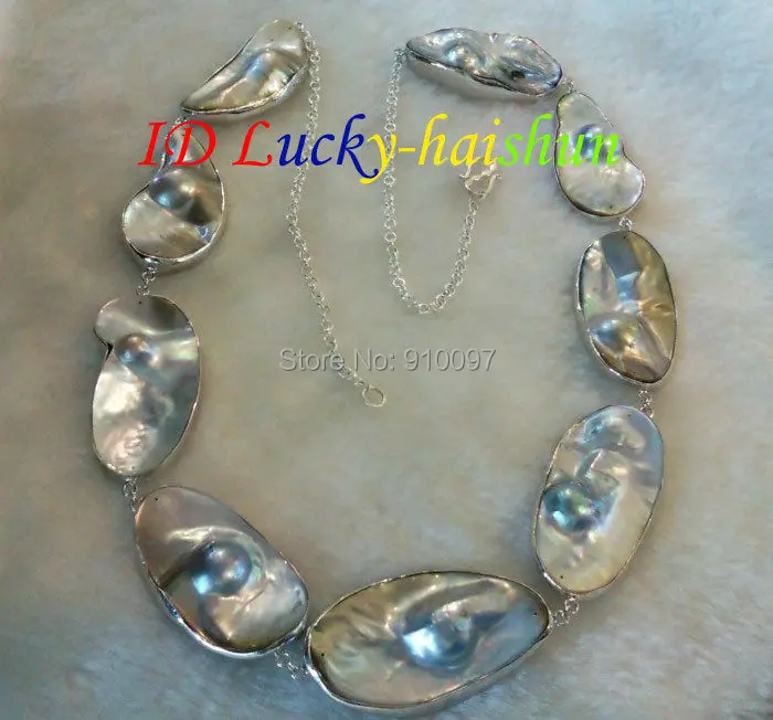 

LHX54013>>>>Excellent " 100% NATURAL GRAY SOUTH SEA MABE PEARL NECKLACE 925ss