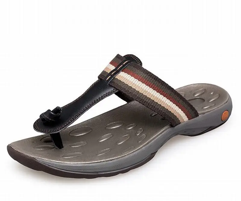 Летние мужские сандалии; пляжная обувь в полоску; повседневные Вьетнамки; удобные шлепанцы; массажные сандалии ручной работы из спилка - Цвет: black