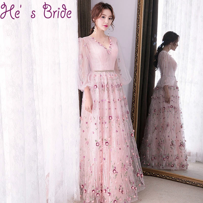 

Evening Dress Sweet Pink Long Poet Sleeves Zipper Back V Neck Lllusion Flowers Floor Length Tulle Lace Party Modern Prom Dress
