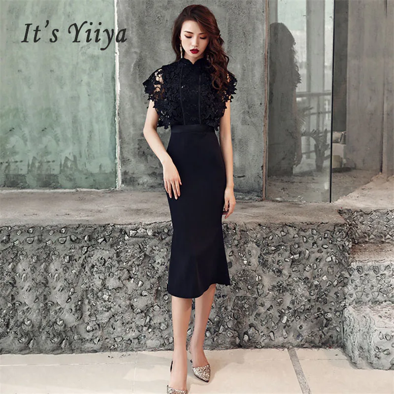 

Evening Dress Floral Lace Standing Collar Long Women Party Dress 2019 slim Robe de Soiree Plus Size sleeveless prom dresses E474