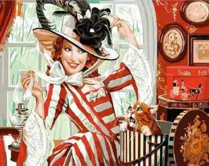fashion lady with hat and cat drawing by number figure wall art picture paint by numbers for living room home decor[1]