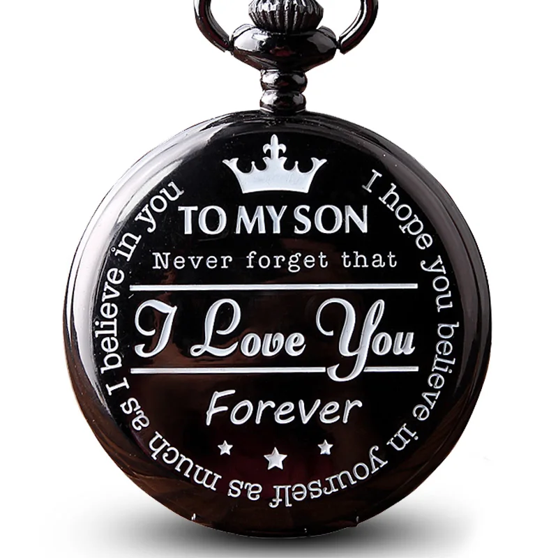 

Vintage Gift From Mom Dad To Son "I Love You" Quartz Pocket Watch Necklace Black Fob Clock Chain Pendant Cute Children Kid Boys