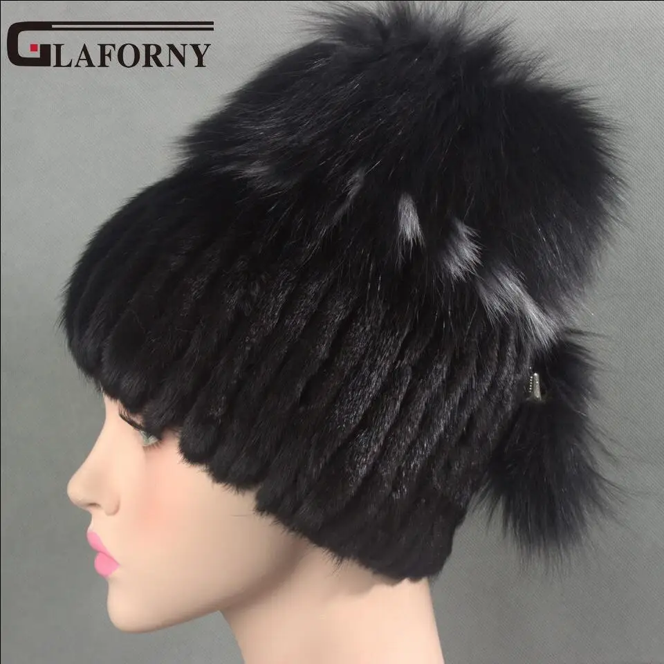 Glaforny русская стильная женская шапка из натурального меха норки, брендовая зимняя вязаная шапка из меха норки с помпоном из лисьего меха, 6 цветов