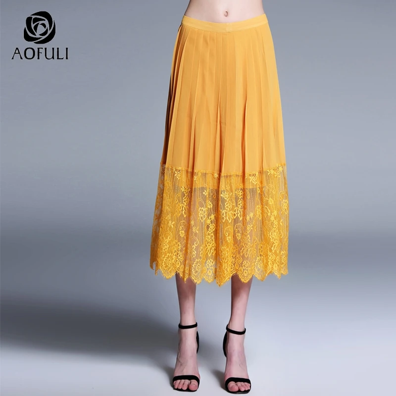 AOFULI L-4XL 5XL желтая кружевная юбка летняя плиссированная Лоскутная миди юбка плюс размер длиной до икры Женская юбка A3935
