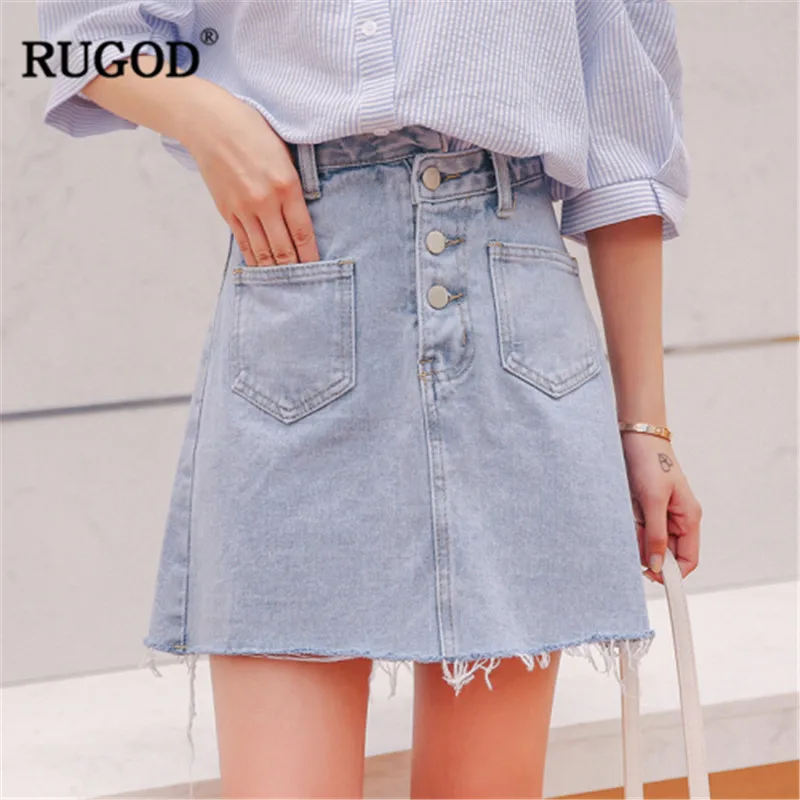 RUGOD Korean style women skirts denim plated button a line pocket mini ...