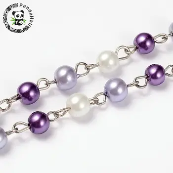

6mm Glass Pearl Round Beads Handmade Chains for Necklaces Bracelets Making, with Iron Eyepins, Purple, 39.3"