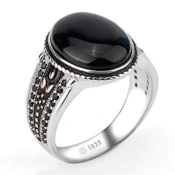 

925 Sterling Silver Men Ring Oval Black Agate Stone Pave Setting Black Zircon Punk Ring for Men Wedding Party Fine Jewelry