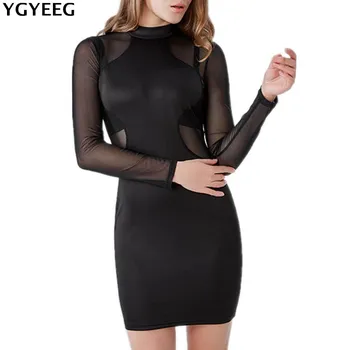 

YGYEEG Summer Dress 2020 Fashion Europe Women Robe Sexy Club Dresses Long Sleeve Black Bandage Mesh Dress Vestidos Black Beige