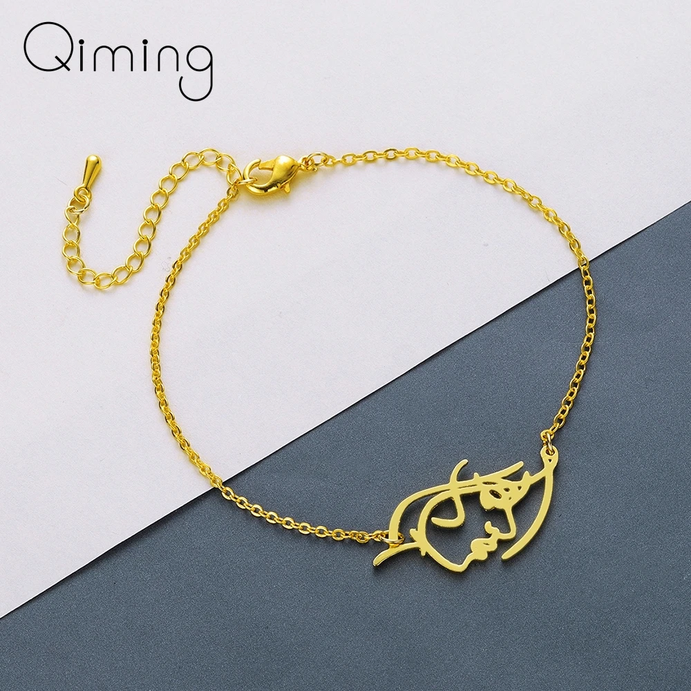 

Stainless Steel Geometric Girls Face Figure Bracelet Women Artistical Figure Chain Bangles Lovers Jewelry Birthday Gift