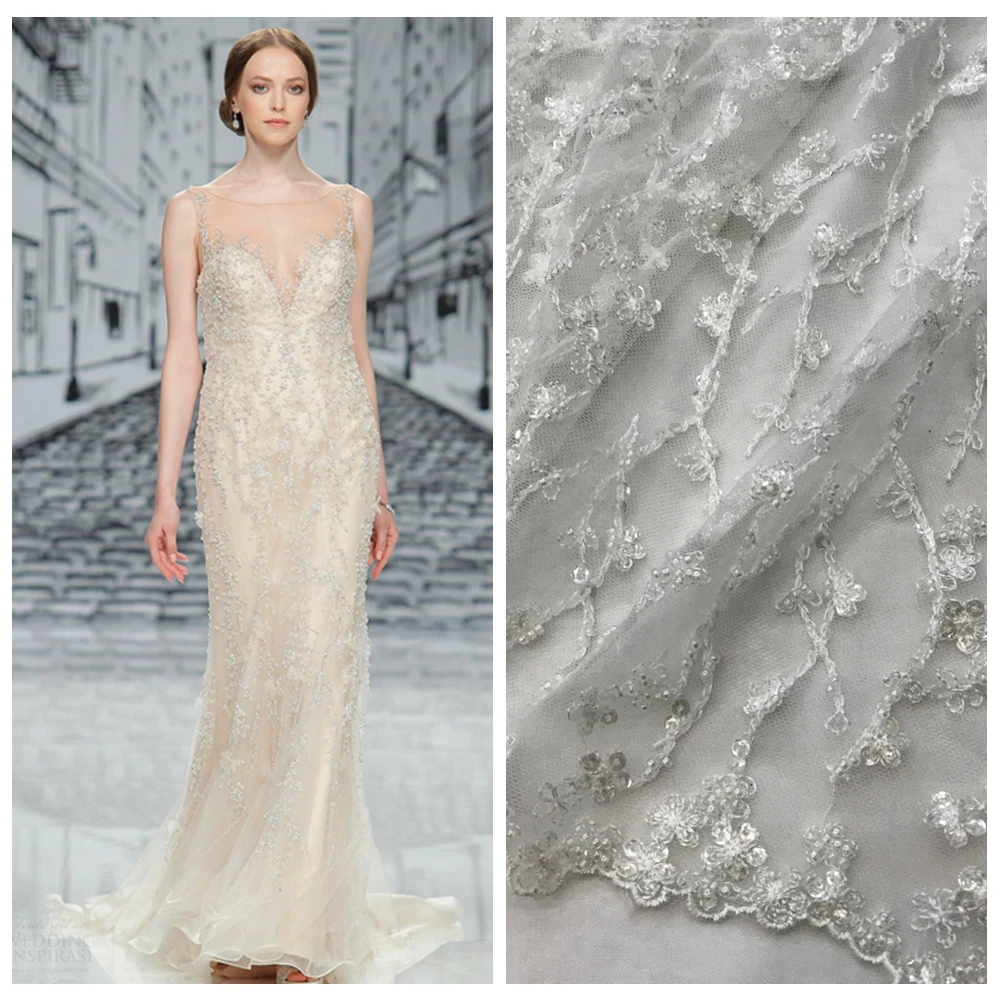 

5yards off white fashionable beaded African French Lace Fabric with High Quality Tulle embroidery Lace Fabric