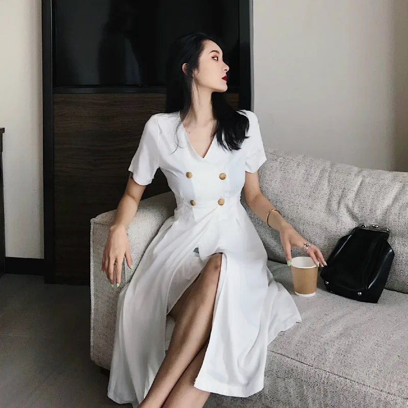 

Women Summer Long White Shirt Dress V Neck A- Line Double Breasted Vestidos Robe Femme Ete Vintage Sukienki Sommerkleid Jurken