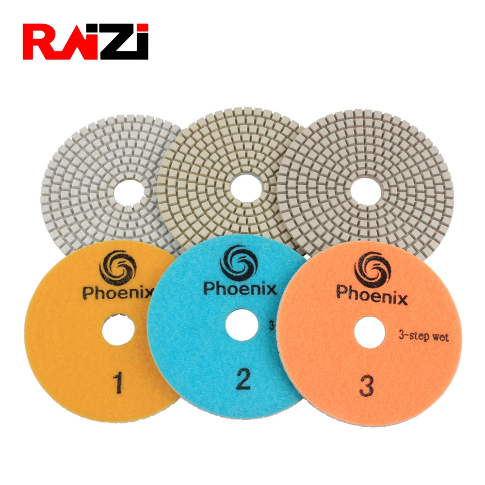 Raizi 4 inch wet 3 step polishing pads for Granite Marble Engineered Stone white resin Grit 1-3 Raizi 4 inch wet 3 step polishing pads for Granite Marble Engineered Stone white resin Grit 1-3