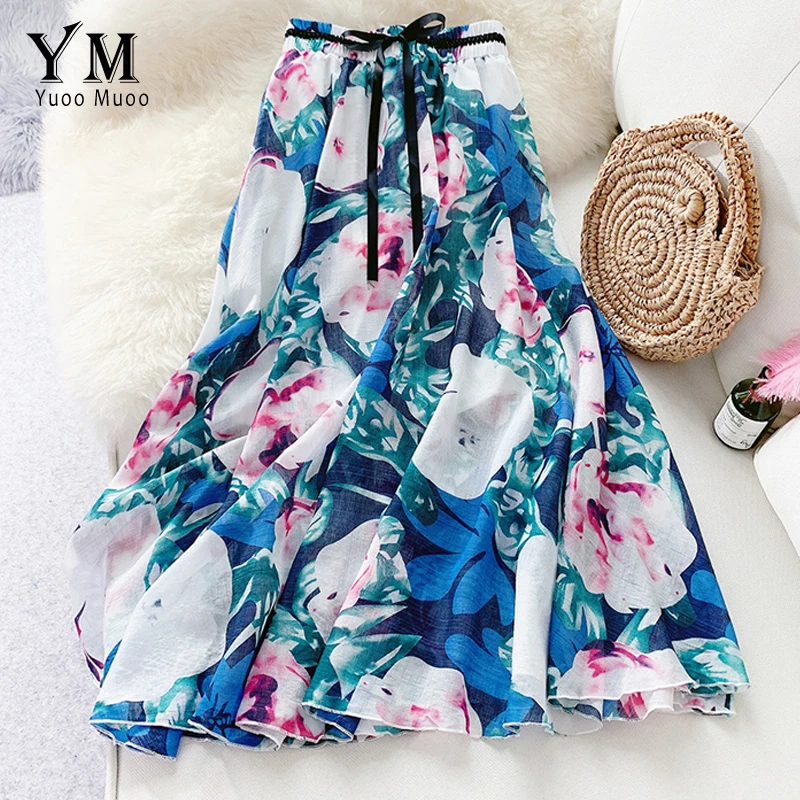 

YuooMuoo Vintage Floral Skirt Women High Waist Midi Skirt Female Bohemian A Line Flower Print Skirts Womens Summer Clothing