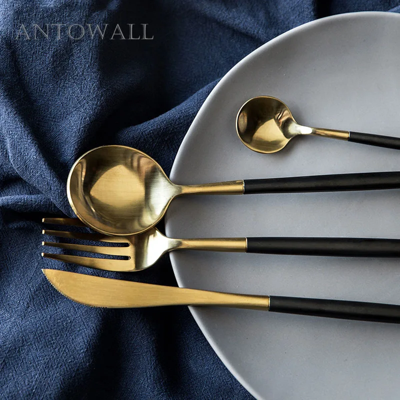 

ANTOWALL Stainless steel gold cutlery set chopsticks steak knife fork cake fork restaurant stir coffee spoon black handle