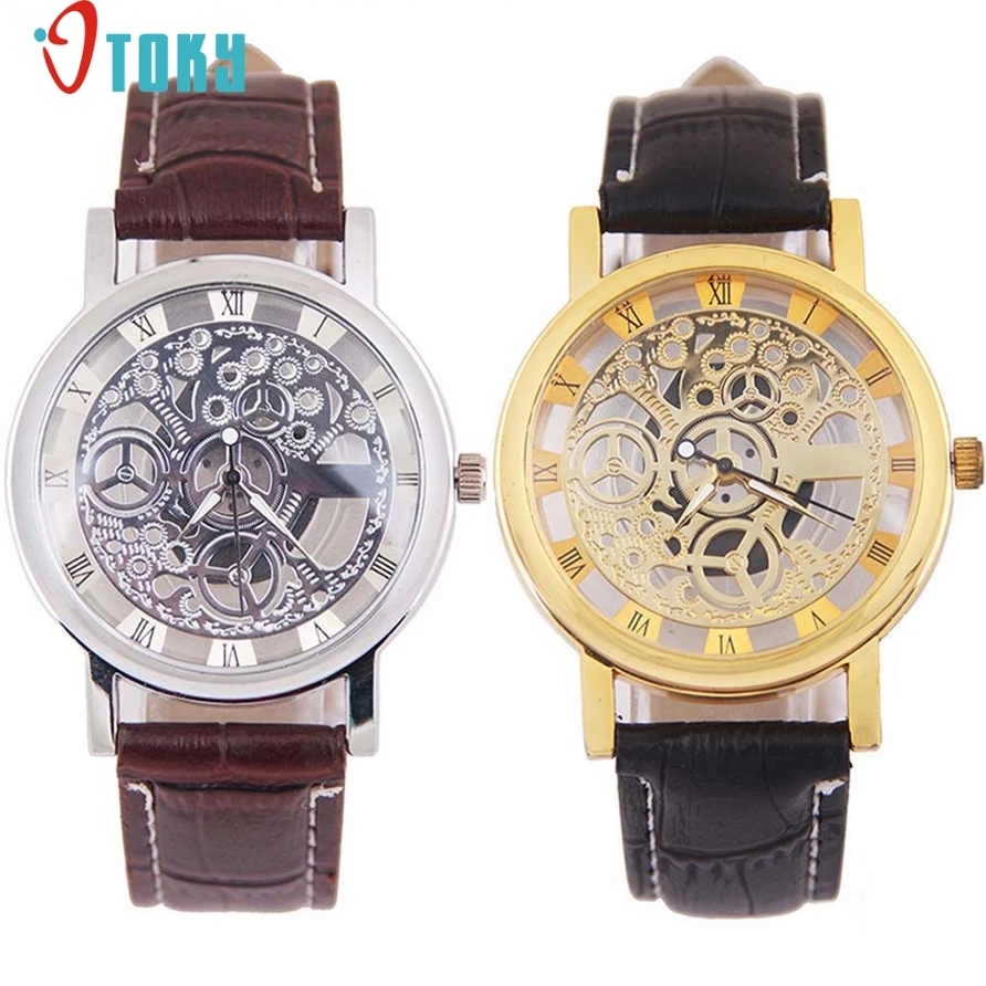 OTOKY Hot Unique font b Men s b font Wrist Watches Faux Leather font b Mechanical