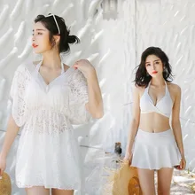 Сексуальный бикини из двух частей купальный костюм, купальник Женская одежда для плавания Новое Поступление Комплект из трех частей пуш-ап корейский белый однотонный полиэстер