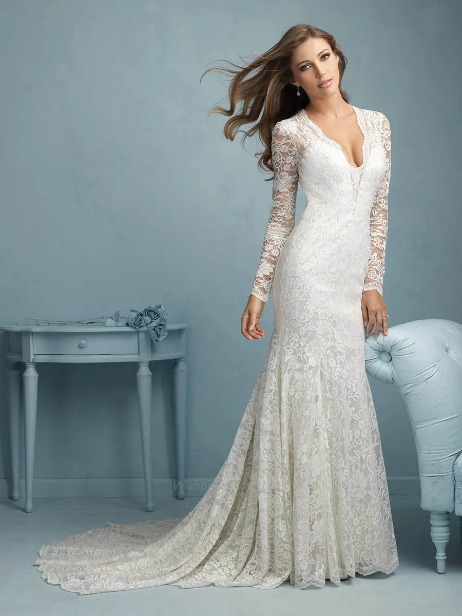 Cheap Lace Fit And Flare Wedding Dress Under 300 V Neck With