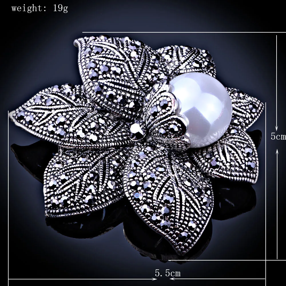 FAELENA ювелирные изделия Винтажный стиль двойная брошь-цветок из искусственного жемчуга элегантные черные стразы броши и булавки для женщин