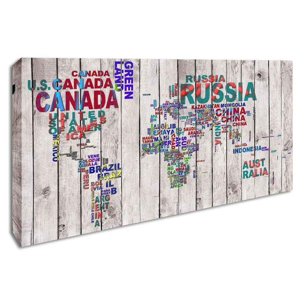 

Large Abstract World Map Wall Art Canvas Print Painting Framed Wood Grain Colorful Letter Map Poster Decorative Picture for Home