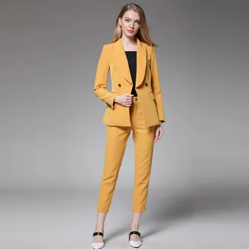 

New 2 piece yellow Pant Suits Formal Ladies Office OL Uniform Designs Women elegant Business Work Wear Jacket with Trousers Sets