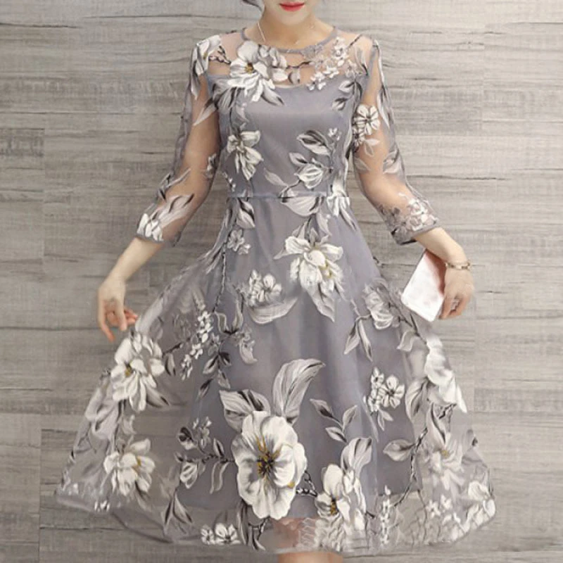 

Summer Floral Printed Mesh Long Dresses Women Elegant Casual Party Dress O Neck Boho Beach Sundress WS8213V