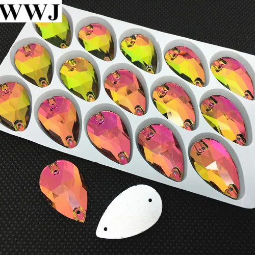 

15PCS/LOT 17x28mm Teardrop Sew On Rhinestones Rainbow Color Droplet Sewing Glass Crystals Dress Making