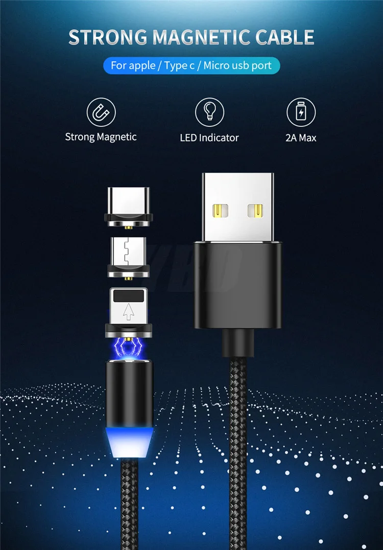 YBD 1 м 2 м светодиодный магнитный зарядный кабель для samsung huawei Xiaomi Micro USB кабель магнитное зарядное устройство для Honor Redmi usb type C кабель