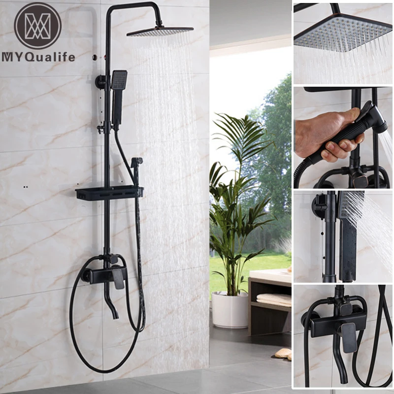 Black Wall Mounted 8" Rain Shower Faucet Mixer Set with