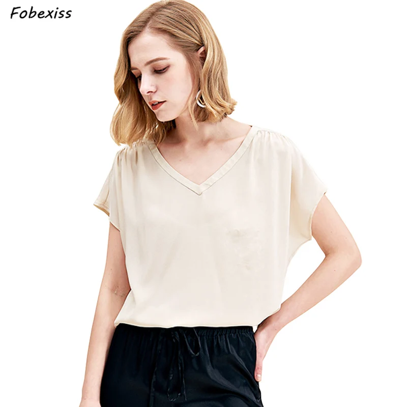 

100% Natural Silk Crepe T Shirt Summer Women Short Sleeve Pure White Sexy V Neck Matt Tee Shirt Elegant Mulberry Silk Summer Top