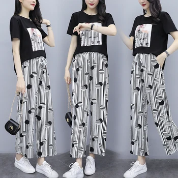 

Summer 2019 New Fashion Casual Print Women Two Piece Outfits Chiffon Wide Leg Pants Women Suit Sets T-shirts And Trousers Outfit