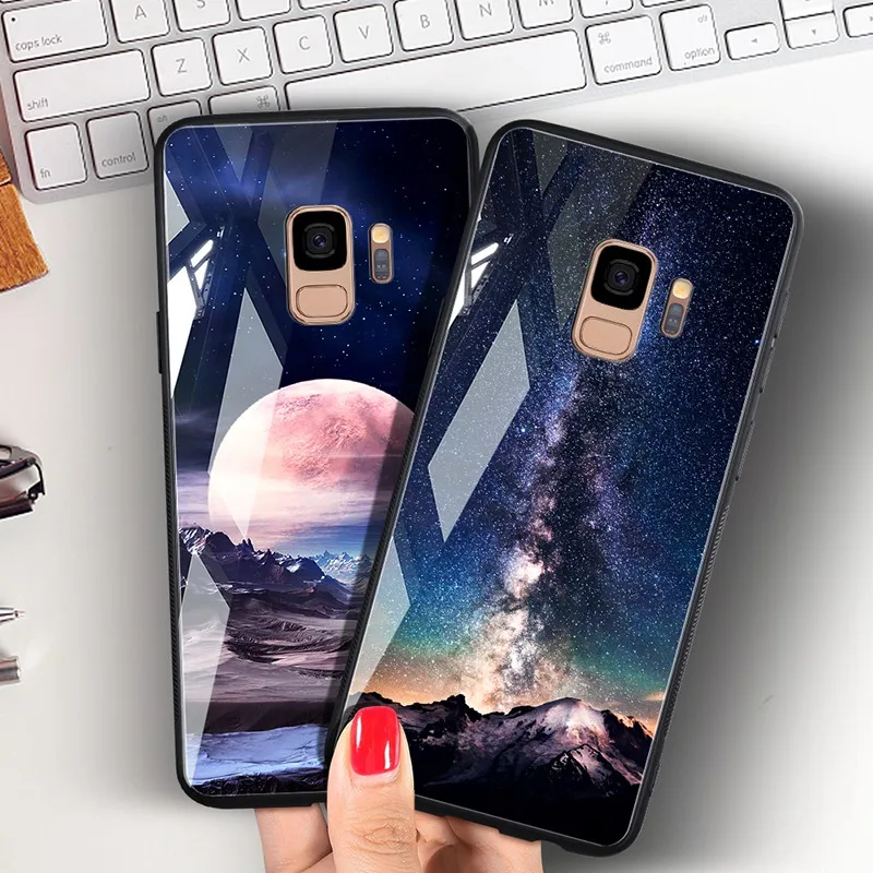 Hisomone For Samsung Galaxy S9 Plus Back Cover Case Star Tempered Glass Phone Case For Galaxy S9 + Note 8 Coque Capa Fundas