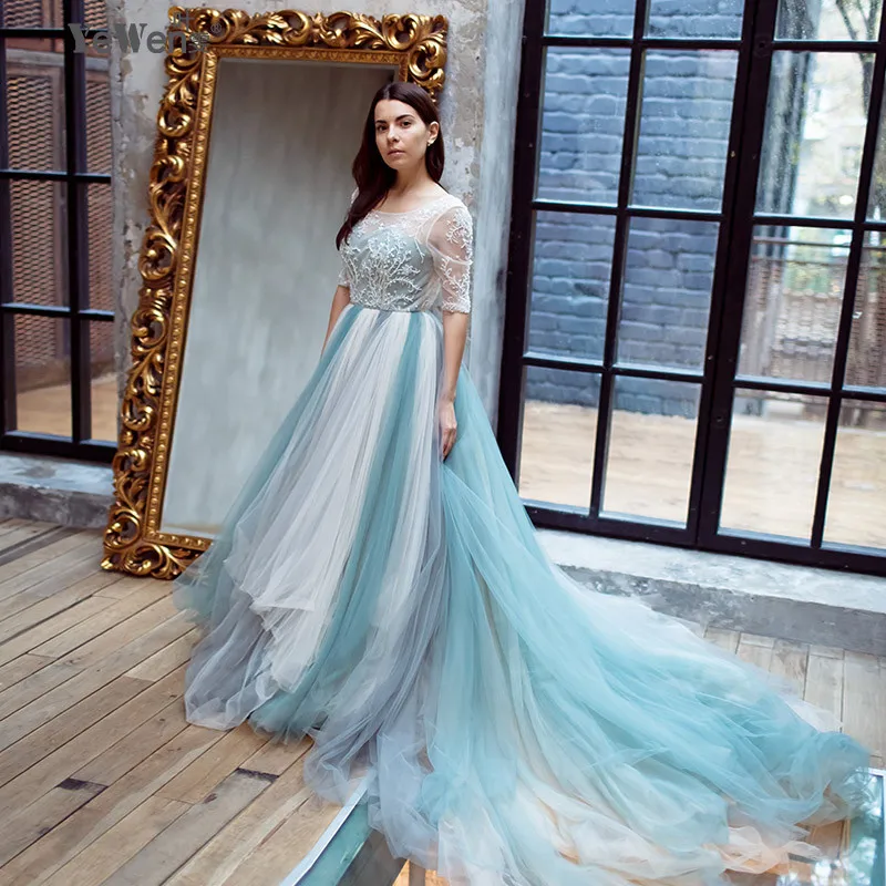 

Beach Colorful Half Sleeves A-line Backless Crystal Wedding dresses 2017 Bridal Dresses Plus size Wedding Gowns Vestido de Novia