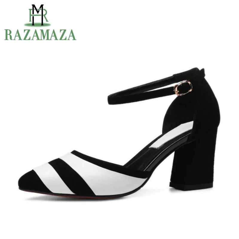 

RAZAMAZA Genuine Leather Women'S Pumps Mixed Color Stripe High Heel Shoes Women Sexy Pointed Toe Buckle Party Shoes Size 34-39