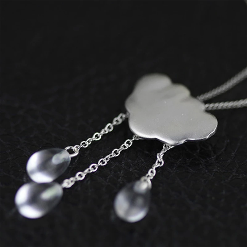Lotus Fun Brand 925 Sterling Silver Pendant for Women Teardrop Crystal Cloud Rain Tassels Pendants without Chain Fine Jewelry