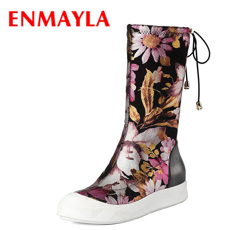 

ENMAYLA Spring Print Flowers Lace-up Flats Shoes wns Black Multi Color Falts Half Boots