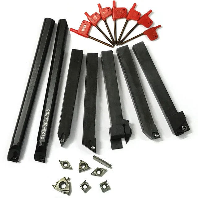 21pcs/set 12mm Shank Lathe Turning Tool Holder Boring Bar  + Silver Carbide PVD Inserts Set For Machining Steel