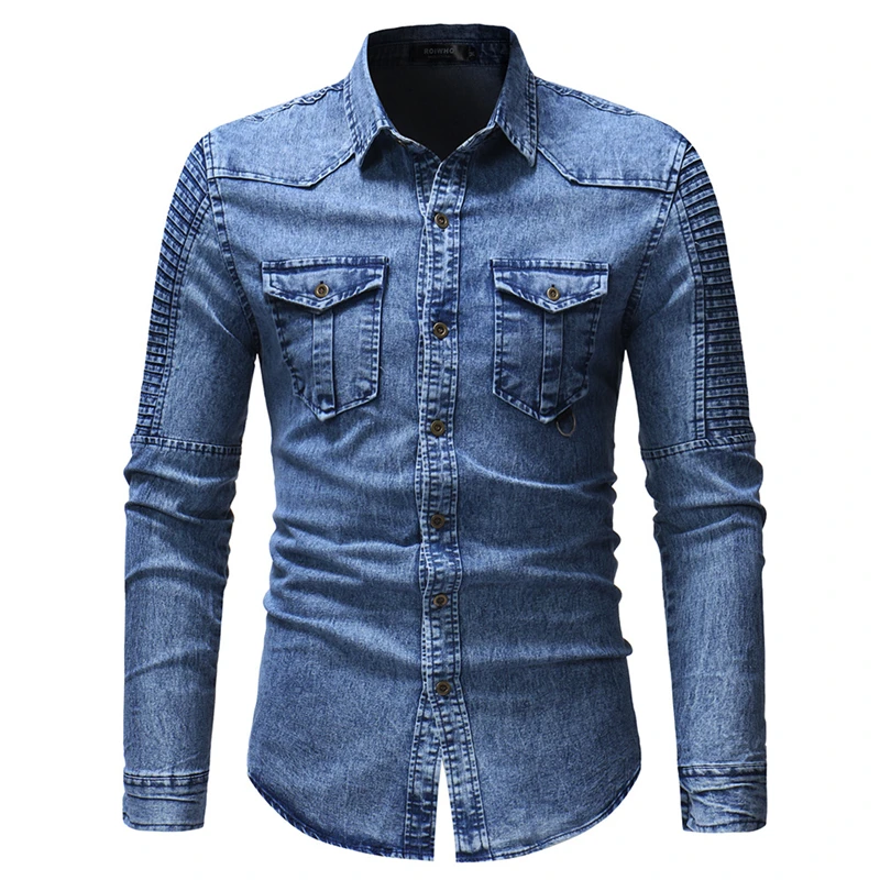 Весна-Осень, Высококачественная джинсовая рубашка, мужская повседневная приталенная рубашка с длинным рукавом и карманом, черная, синяя, Hombre блуза D2868 - Цвет: blue