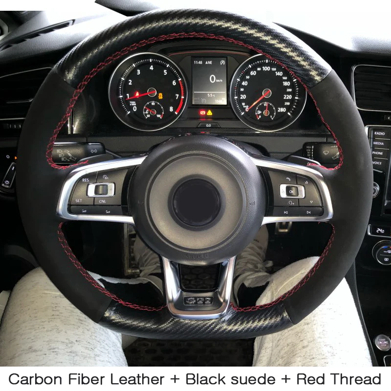 Углеродного волокна кожи черная замша Синий Маркер рулевого колеса автомобиля крышка для Volkswagen Golf 7 GTI Golf R MK7 VW Polo GTI Scirocco