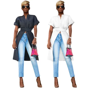 

Hot Style Summer Casual Mandarin Collar Short Sleeve Hook And Loop Fasteners Women Open Trench Dress Coat