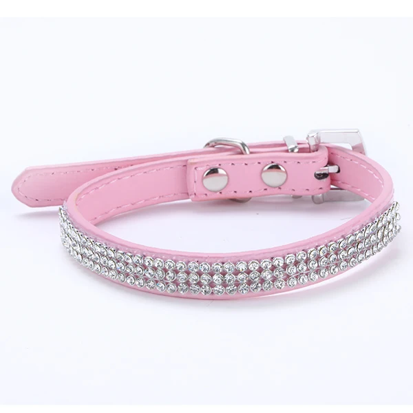 

High Quality! 3 Rows Bling Rhinestone Small Pet Dog PU Leather Buckle Cute Cat Crystal Collar