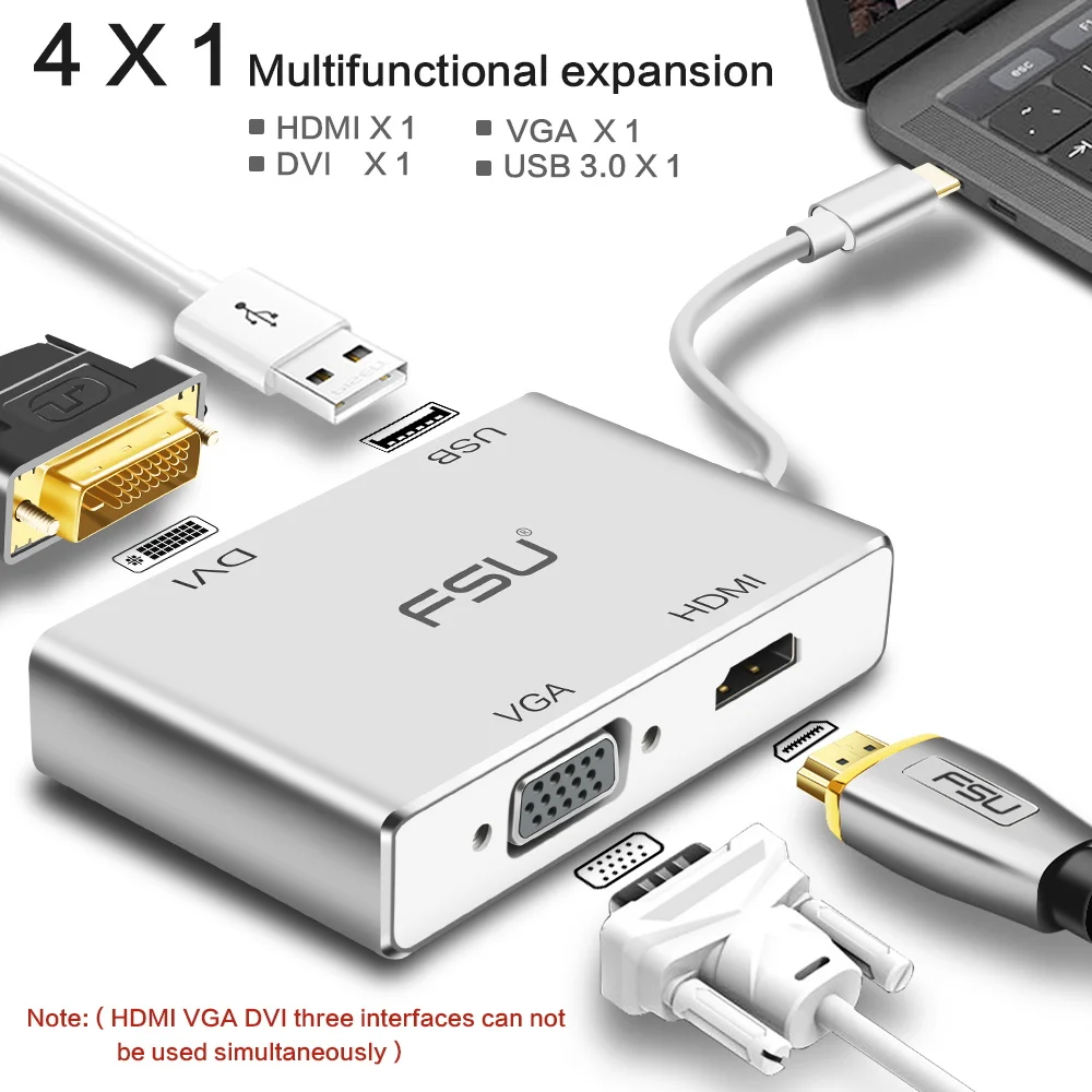 4в1 USB type-c к VGA DVI-I конвертер USB C к HDMI 1080P HD USB 3,0 концентратор адаптер для Macbook планшет монитор ноутбука