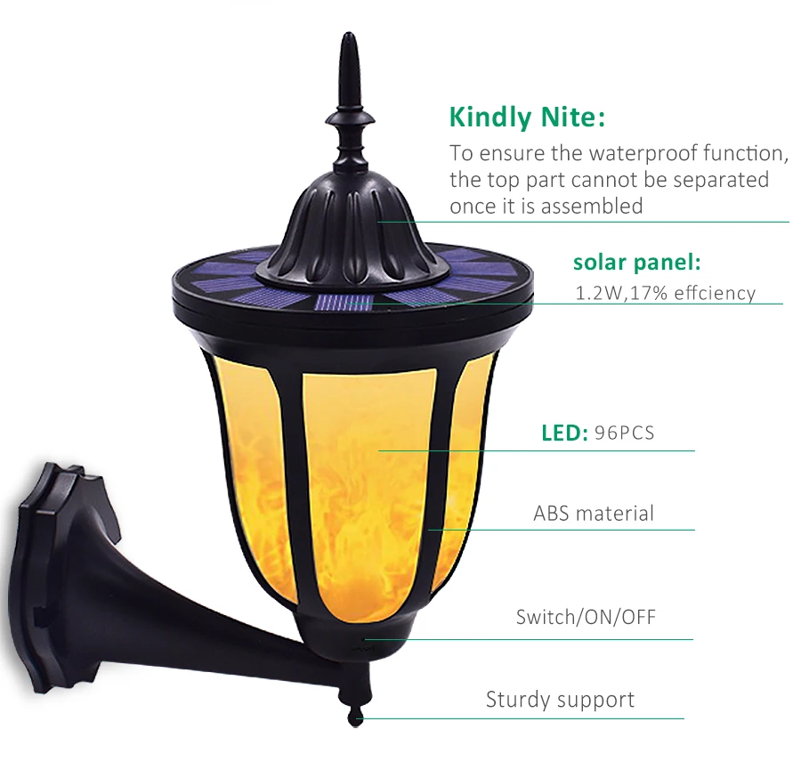 Солнечный настенный светильник s мерцающее пламя 96 Светодиодный ночной Светильник для танцев на открытом воздухе водонепроницаемый дизайн фонаря для садовой двери двора