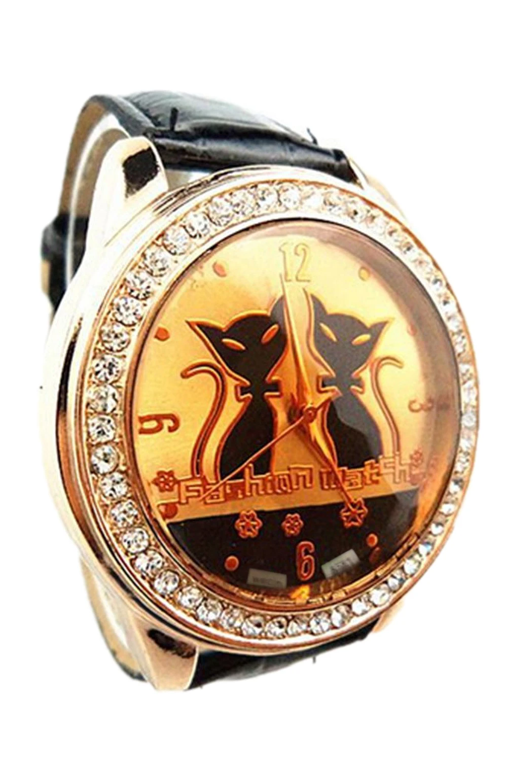 

YCYS!Rhinestone Double Cats Decoration Wrist Watch Black
