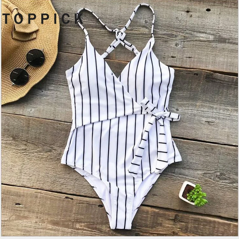 

Toppick Stripe Swimwear Women One Piece Swimsuit Women Deep V Neck Sexy Backless Bikini Set Ladies Beach Bathing Suit Women