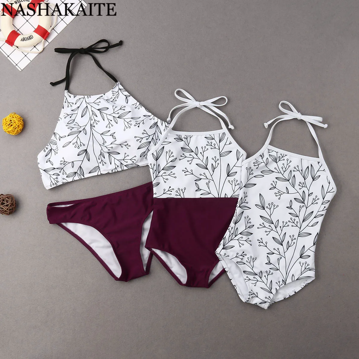 

NASHAKAITE Family swimwear Mother Daughter Baby Girl Swimsuit Patchwork Geometric Print Bandage Mommy and me swimsuit