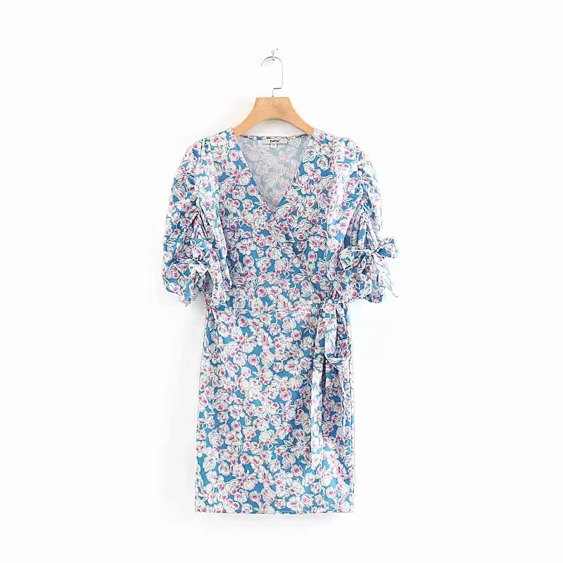 

Flower Printing Women V Neck Cross Mini Wrap Dress Leisure Female Short Sleeve Dresses Autumn Fashion Lady Slim Streetwear D3195